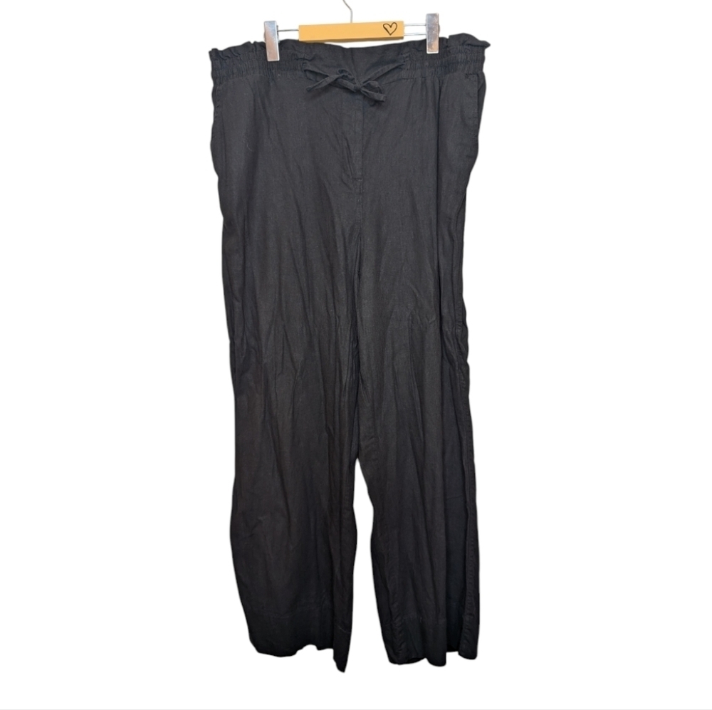 Pennington Black Linen Blend Wide-Leg Pant Ruffle Stretch Tie Waist 1X Women